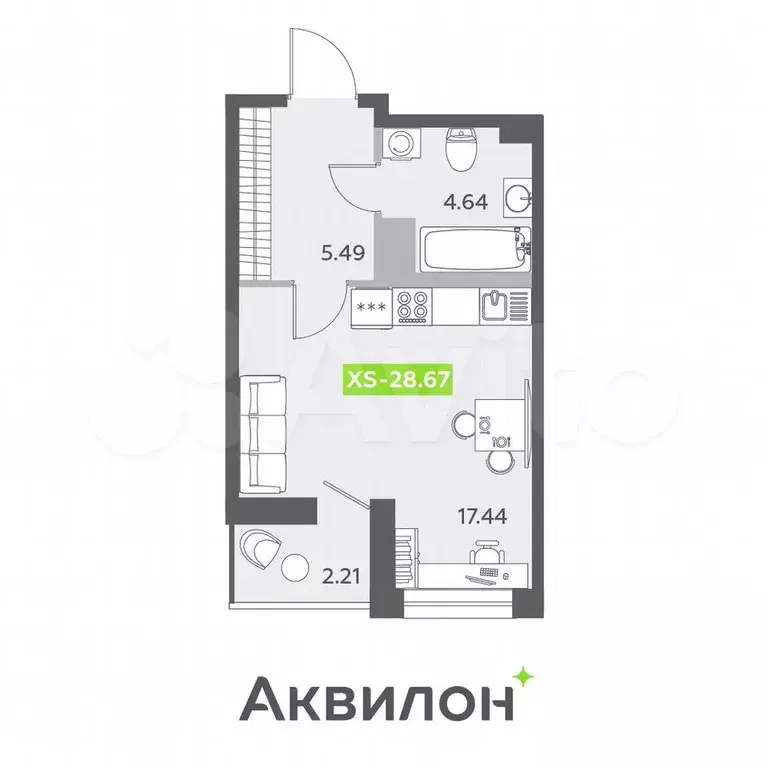 Квартира-студия, 28,7 м, 2/13 эт. - Фото 0