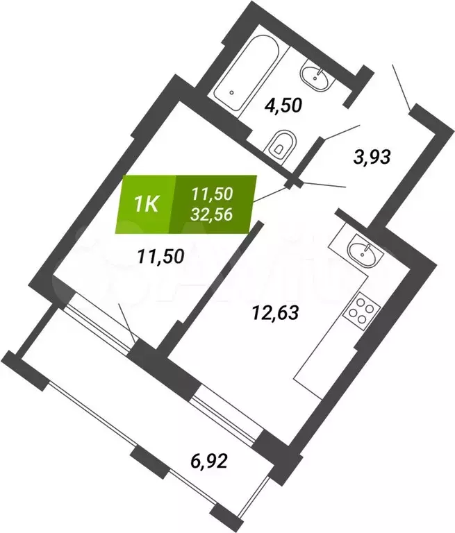 1-к. квартира, 32,6 м, 3/28 эт. - Фото 1