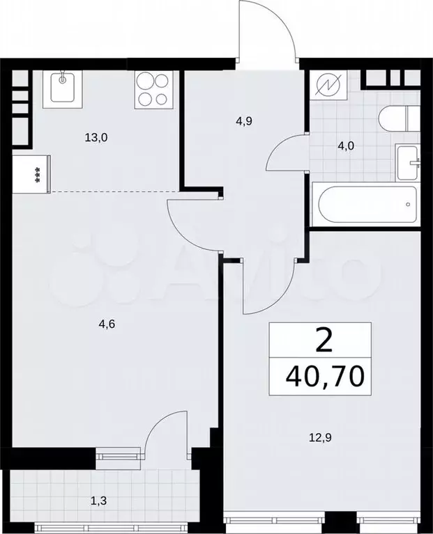 2-к. квартира, 40,7м, 10/10эт. - Фото 1