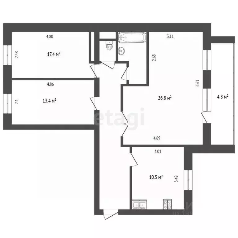 3-к кв. Тюменская область, Тюмень Мельзаводская ул., 8 (80.2 м) - Фото 1