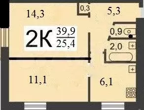 2-к. квартира, 39,9 м, 1/5 эт. - Фото 0