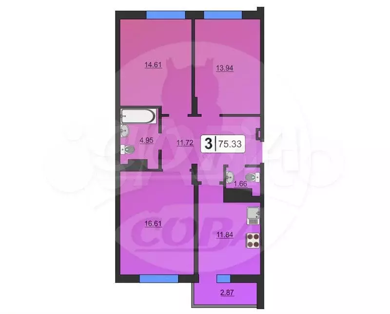 3-к. квартира, 75 м, 14/17 эт. - Фото 0