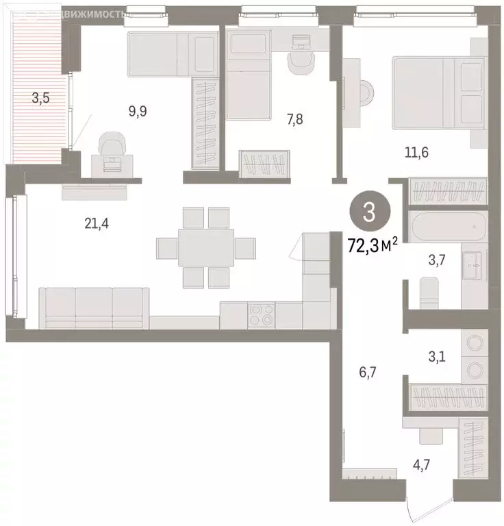 3-комнатная квартира: Челябинская область, Сосновский муниципальный ... - Фото 2