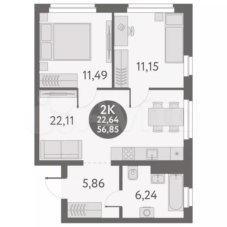 2-к. квартира, 56,9 м, 17/18 эт. - Фото 0