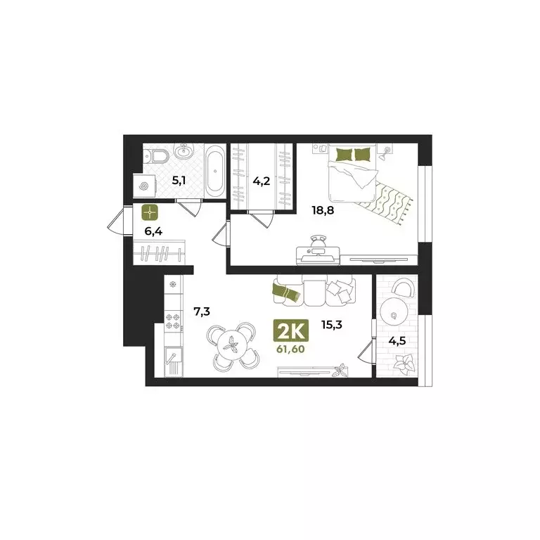 2-комнатная квартира: Тюмень, улица Евгения Войнова, 7 (61.6 м) - Фото 1