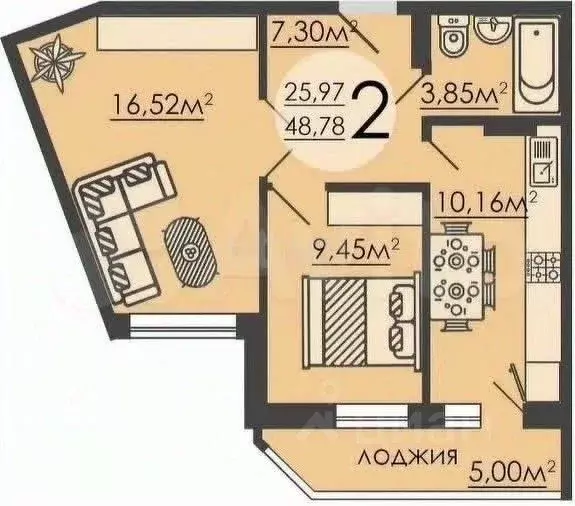 2-к кв. Липецкая область, Липецк ул. И.В. Свиридова, 24к2 (52.0 м) - Фото 2