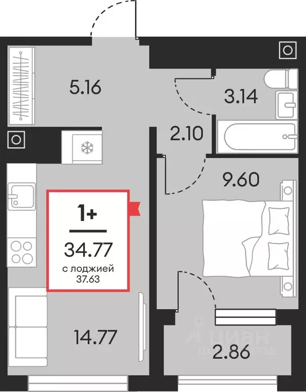 1-к кв. Ханты-Мансийский АО, Нефтеюганск ул. Нефтяников, 48А (34.77 м) - Фото 1