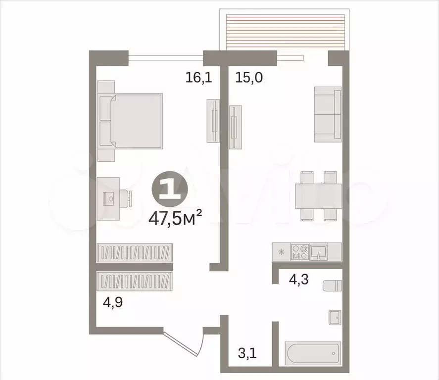 1-к. квартира, 47,5 м, 4/17 эт. - Фото 0