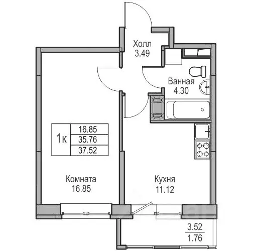 1-к кв. Санкт-Петербург ул. Ивинская, 1к3 (35.76 м) - Фото 0