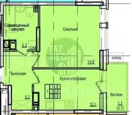 1-к кв. Татарстан, Казань ул. Академика Губкина, 12Б (36.9 м) - Фото 1