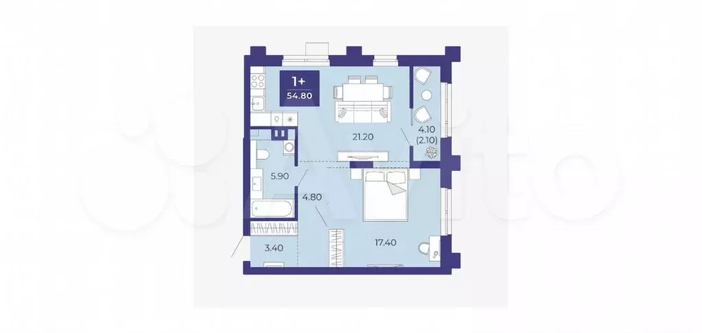 1-к. квартира, 54,8 м, 2/9 эт. - Фото 1
