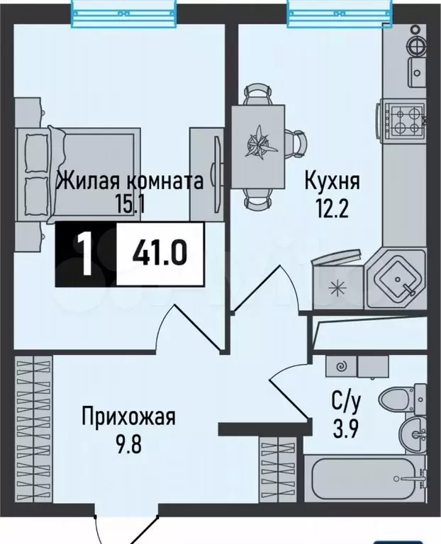 1-к. квартира, 41 м, 6/8 эт. - Фото 0