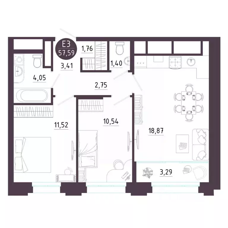 2-к кв. Рязанская область, Рязань Московское ш. (57.59 м) - Фото 0