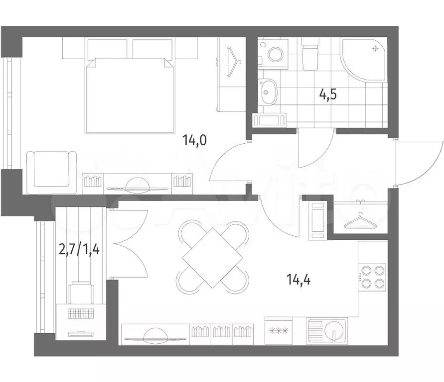 1-к. квартира, 38,5 м, 4/9 эт. - Фото 0