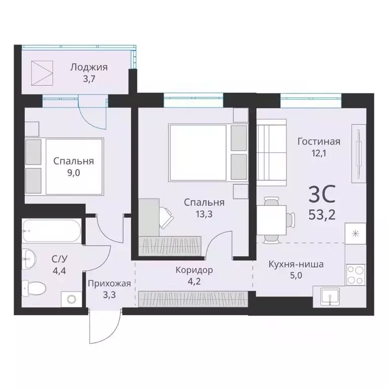 3-к кв. Новосибирская область, Новосибирск  (53.2 м) - Фото 0