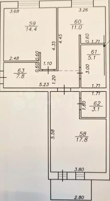 2-к. квартира, 57,8 м, 3/5 эт. - Фото 0