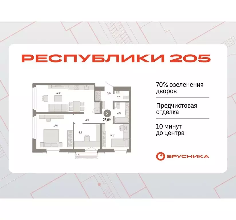 3-комнатная квартира: Тюмень, жилой комплекс Республики 205 (76.62 м) - Фото 0