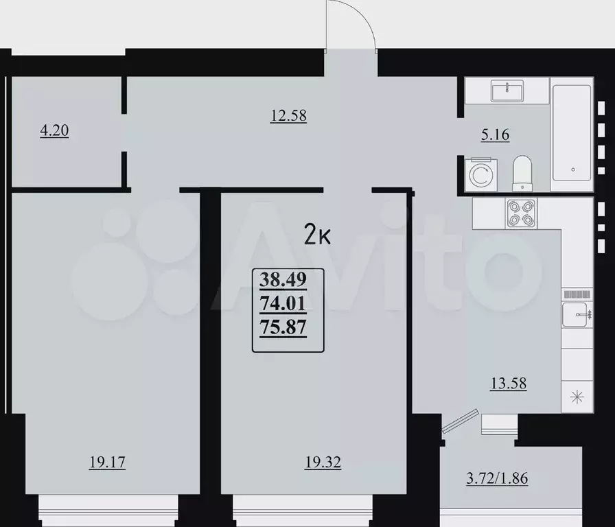 2-к. квартира, 75,9 м, 7/8 эт. - Фото 1