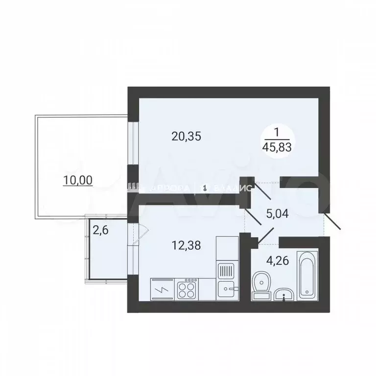 1-к. квартира, 45,8 м, 3/3 эт. - Фото 0