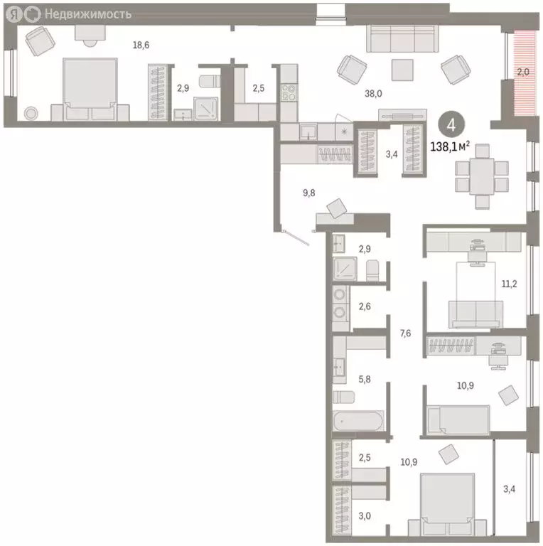 4-комнатная квартира: Тюмень, улица Республики, 205к1 (138.11 м) - Фото 1