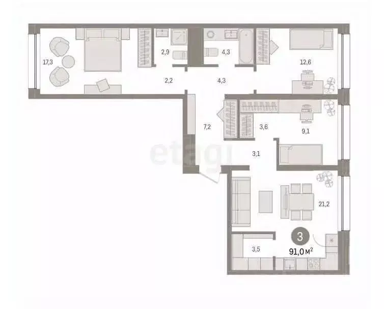 3-к кв. Тюменская область, Тюмень Мысовская ул., 26к1 (90.0 м) - Фото 0