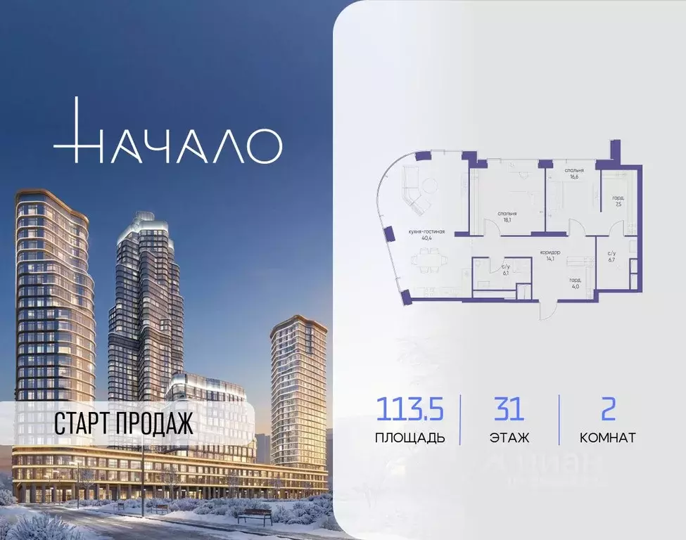 2-к кв. Москва Начало жилой комплекс (113.5 м) - Фото 1