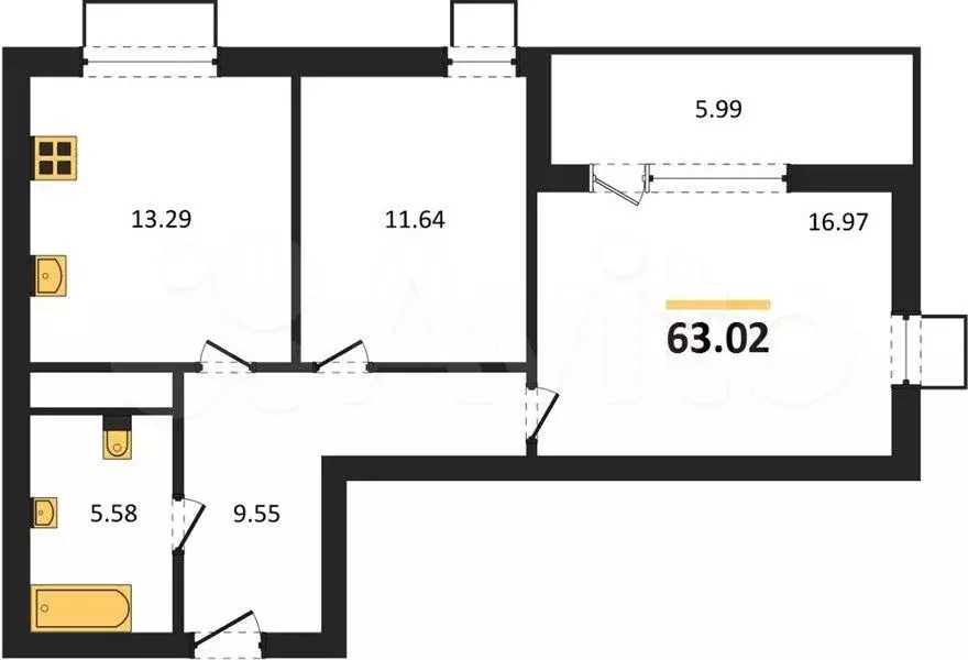 2-к. квартира, 63 м, 2/4 эт. - Фото 1