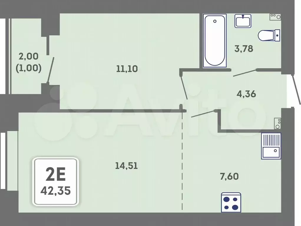 2-к. квартира, 42,4 м, 5/7 эт. - Фото 0