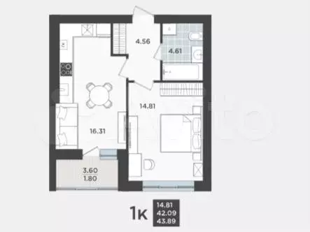 1-к. квартира, 43,9 м, 7/9 эт. - Фото 1