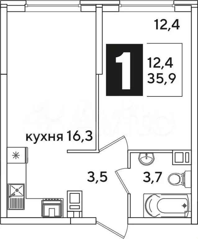 1-к. квартира, 35,9м, 7/16эт. - Фото 1