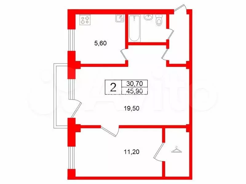 2-к. квартира, 45,9 м, 4/5 эт. - Фото 0