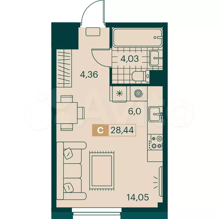 Квартира-студия, 28,4 м, 6/9 эт. - Фото 0