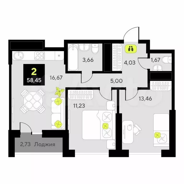 2-к. квартира, 58,5 м, 8/20 эт. - Фото 0