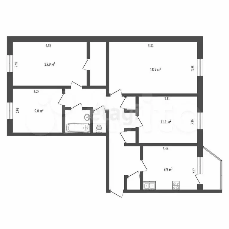 4-к. квартира, 87,1 м, 5/5 эт. - Фото 0