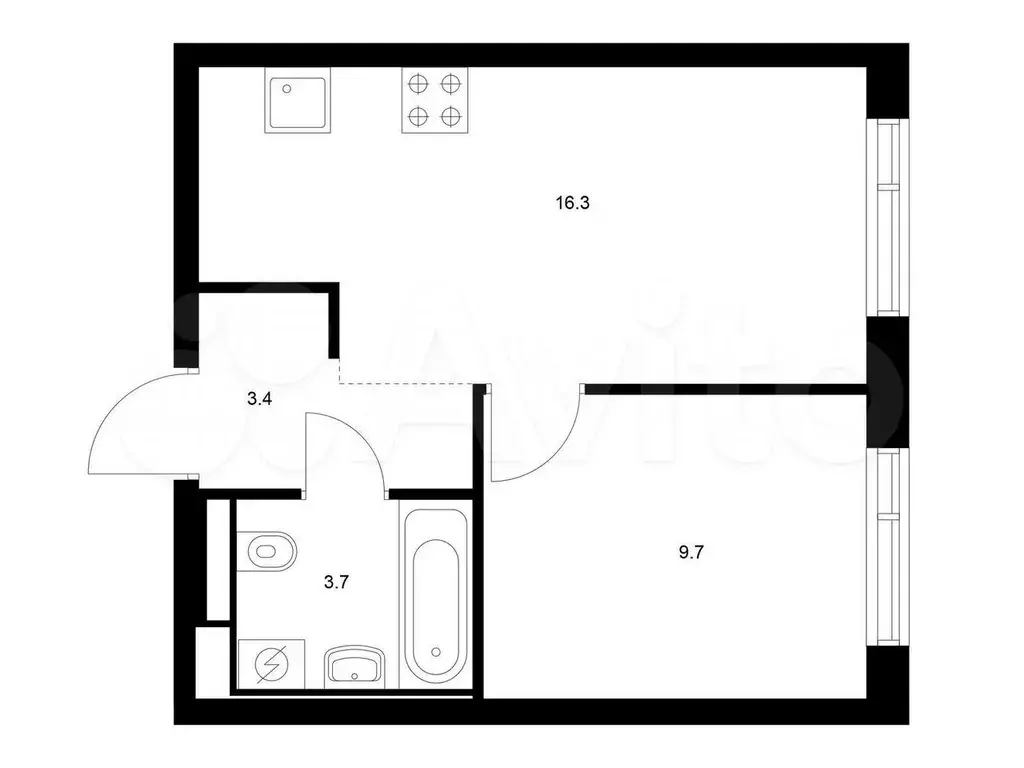 1-к. квартира, 33,1 м, 1/9 эт. - Фото 0