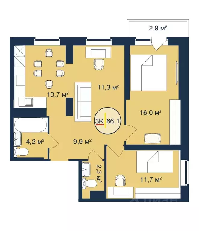 3-к кв. Тюменская область, Тюмень Таежная ул., 2 (66.1 м) - Фото 0