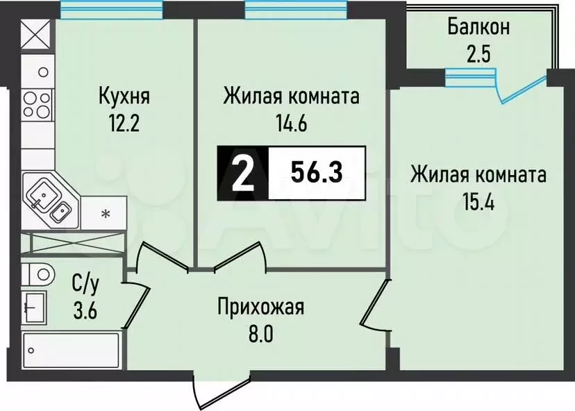 2-к. квартира, 56,3м, 2/8эт. - Фото 0