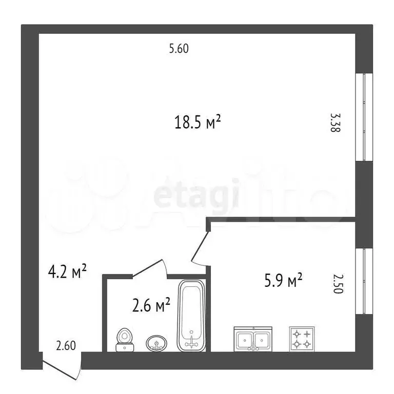 1-к. квартира, 31,6 м, 1/5 эт. - Фото 0