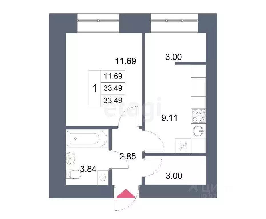 1-к кв. Татарстан, Казань ул. Азата Аббасова, 16 (33.49 м) - Фото 2