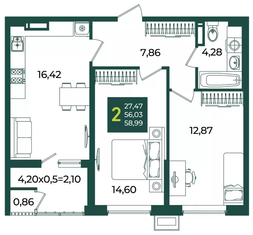 2-к кв. Краснодарский край, Краснодар Образцово мкр,  (58.99 м) - Фото 1