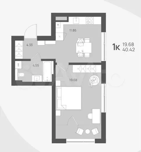 1-к. квартира, 40,4 м, 3/4 эт. - Фото 1