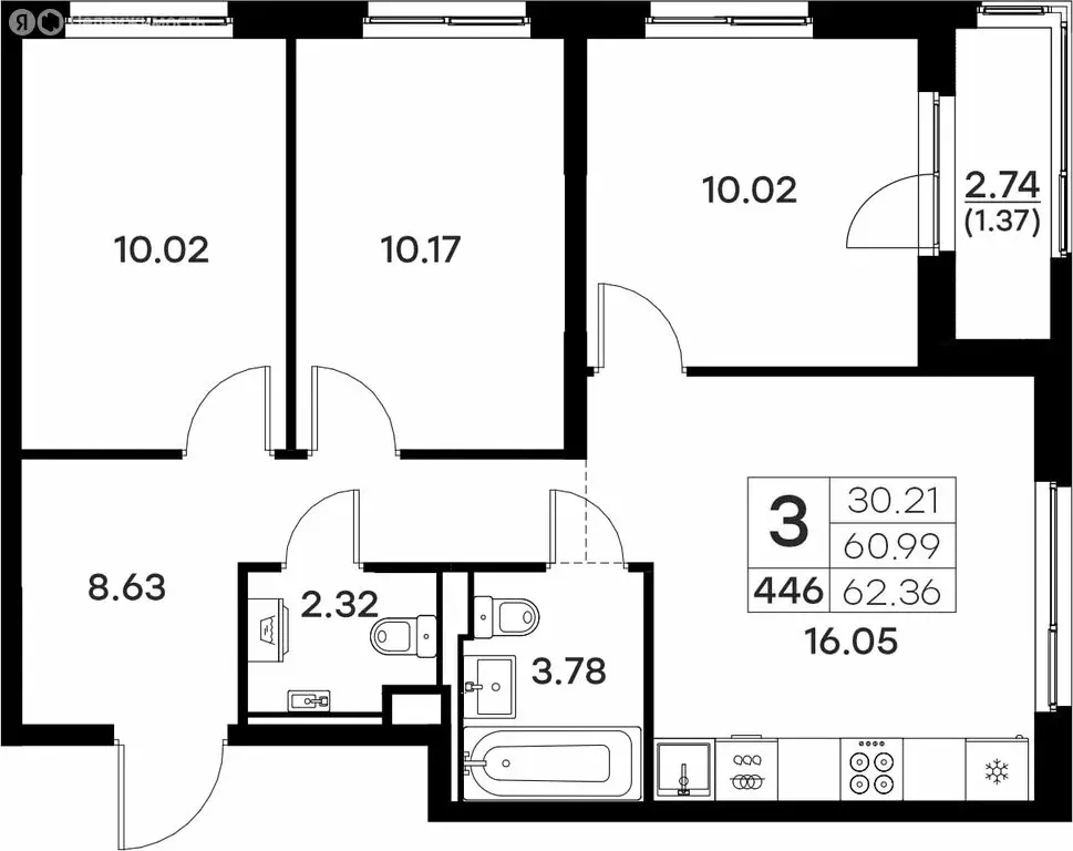 3-комнатная квартира: Владимир (62.36 м) - Фото 0