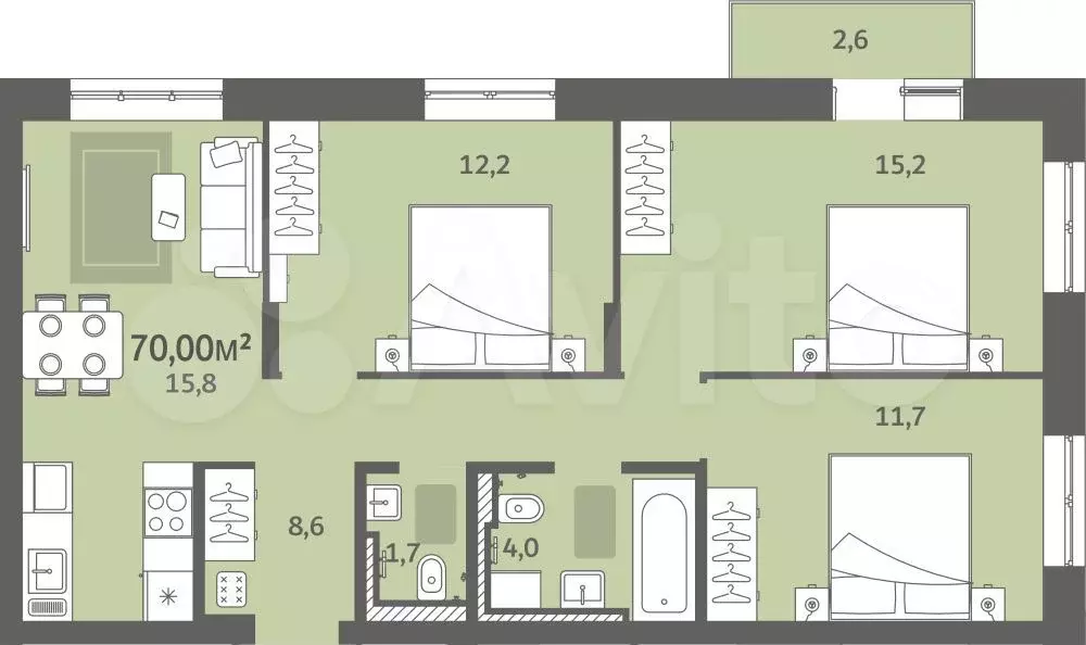 3-к. квартира, 70 м, 7/8 эт. - Фото 0
