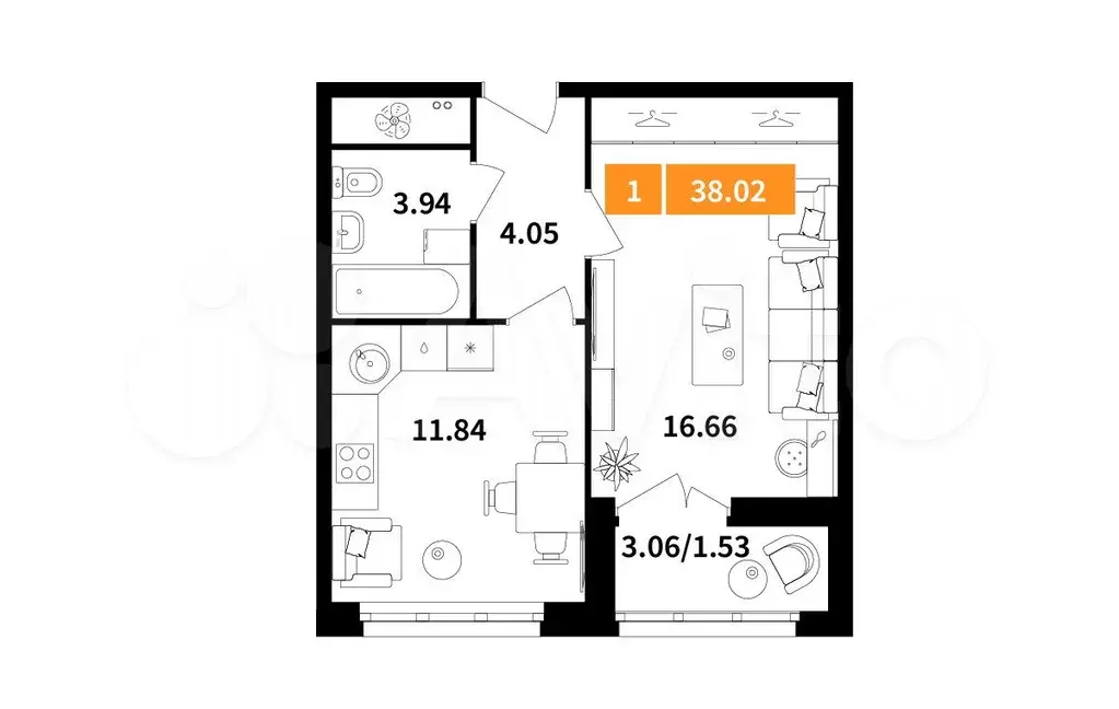 1-к. квартира, 38 м, 1/6 эт. - Фото 0