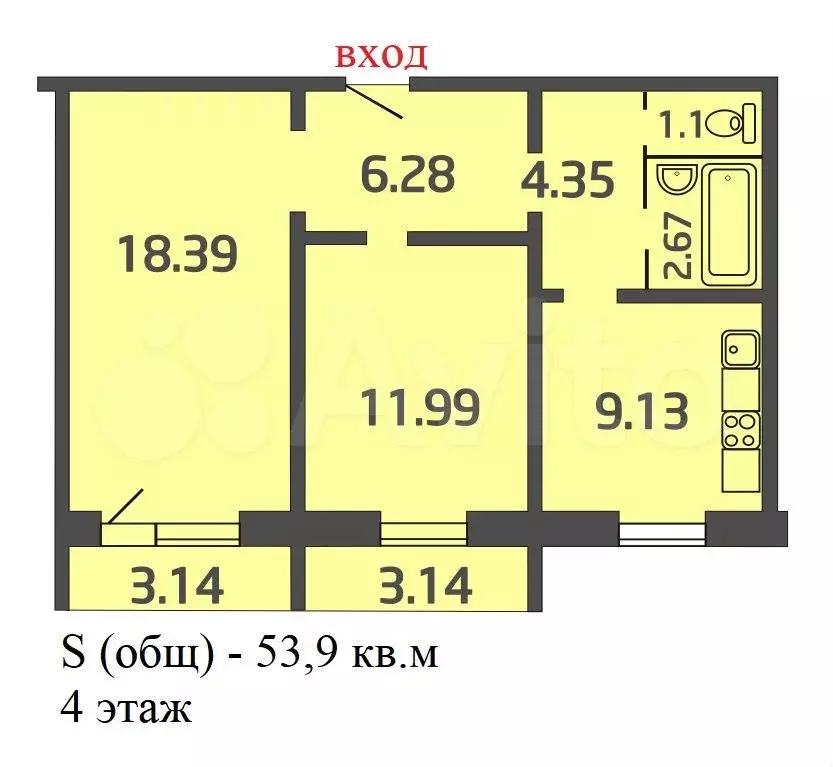 2-к. квартира, 53,9 м, 4/9 эт. - Фото 0