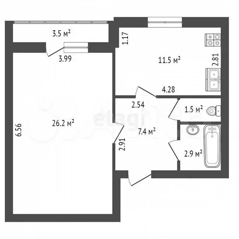 1-к. квартира, 49,5 м, 1/6 эт. - Фото 0