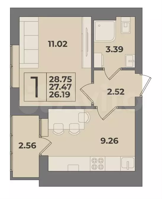 1-к. квартира, 27,5 м, 4/9 эт. - Фото 1