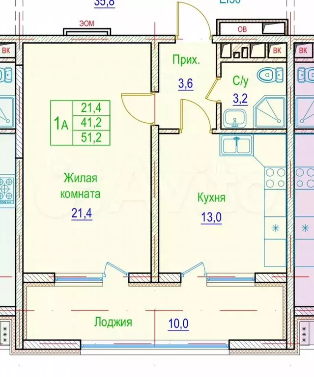 1-к. квартира, 51,2 м, 8/20 эт. - Фото 0