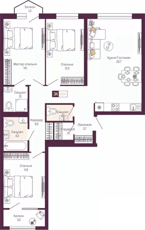 3-к кв. Нижегородская область, Нижний Новгород ул. Тургенева (90.9 м) - Фото 1