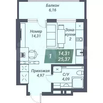 Апартаменты-студия, 31,5 м, 14/23 эт. - Фото 0